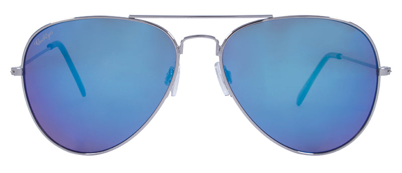 Gloss Silver + Dark Crystal Grey Temple Tips / Smoke + Blue Mirror